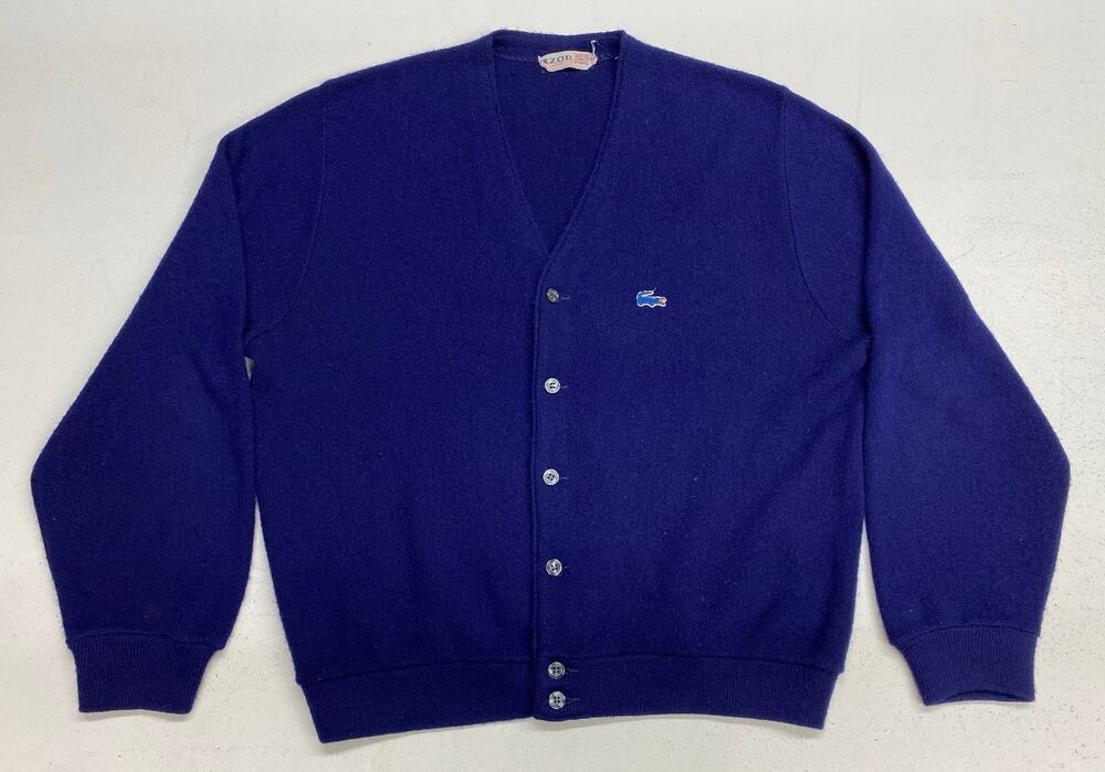 VTG 1970s Izod Lacoste London USA blue gator croc logo cardigan sweater XL